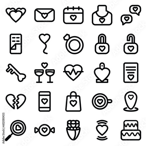 Valentine icons set with outline style