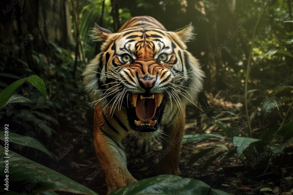 Obraz na plátně Fierce Tiger Roaring in the Jungle