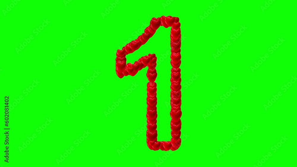 Number 1 with red heart shapes on green screen background Number 1 with red heart shapes on green screen background