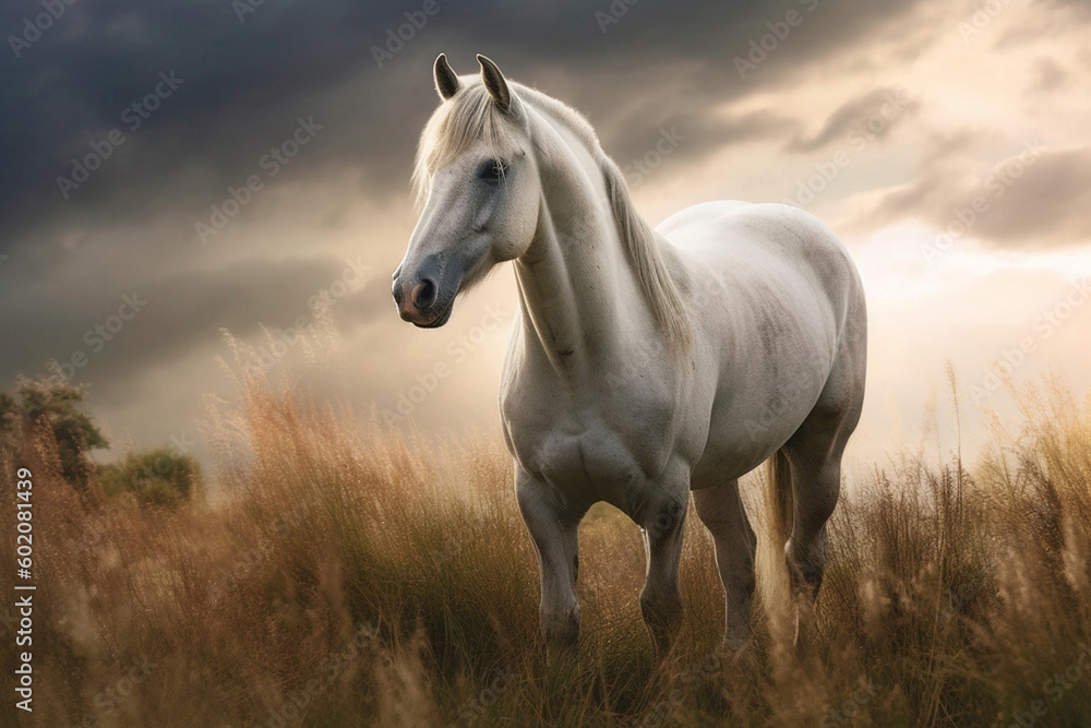 White horse standing on a grass meadow on summer sunset, created with Generative AI technology White horse standing on a grass meadow on summer sunset, created with Generative AI technology