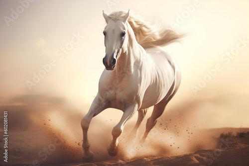 White horse running on the sand on summer sunset  created with Generative AI technology