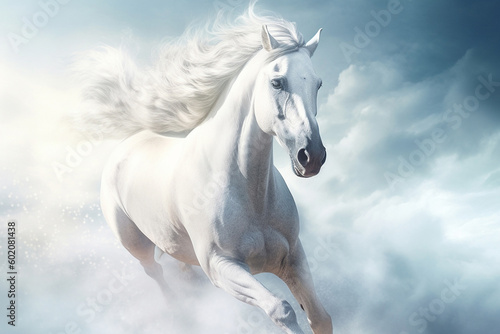 White horse running in fog clouds  created with Generative AI technology