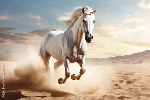 White horse running on the sand on summer sunset  created with Generative AI technology