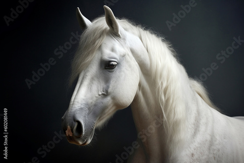 White horse portret on black background, created with Generative AI technology