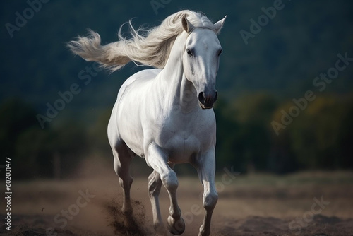 White horse running running along a sandy road, created with Generative AI technology