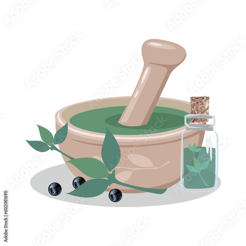 Composition of bottles with medicinal herbs, aromatic oils and herbal tinctures. Herbal medicine. Alternative medicine. Vector illustration for advertising, flyers and social networks.