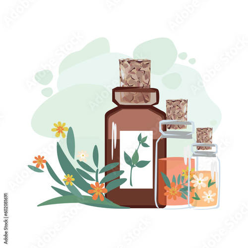 Composition of bottles with medicinal herbs, aromatic oils and herbal tinctures. Herbal medicine. Alternative medicine. Vector illustration for advertising, flyers and social networks.