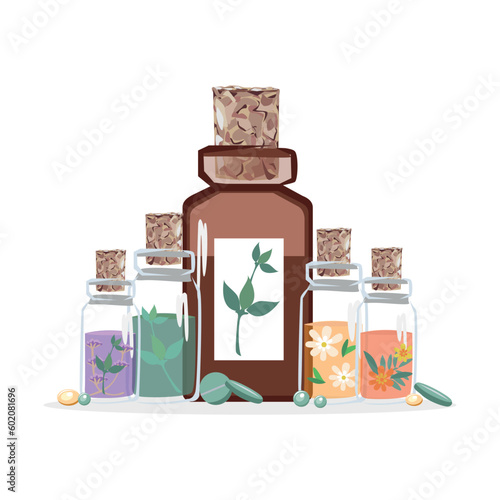 Composition of bottles with medicinal herbs, aromatic oils and herbal tinctures. Herbal medicine. Alternative medicine. Vector illustration for advertising, flyers and social networks.