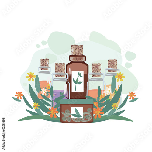 Composition of bottles with medicinal herbs, aromatic oils and herbal tinctures. Herbal medicine. Alternative medicine. Vector illustration for advertising, flyers and social networks.