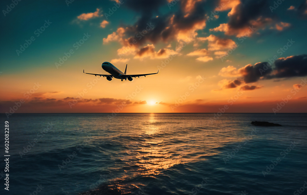 an airplane flies over the ocean at sunset an airplane flies over the ocean at sunset