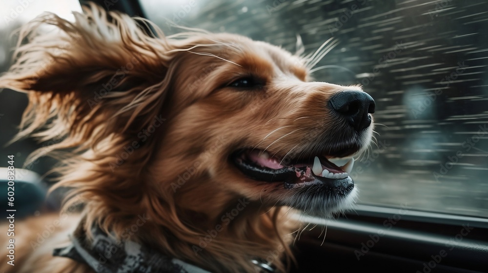 Dog sticking its head out of car window, Generative AI