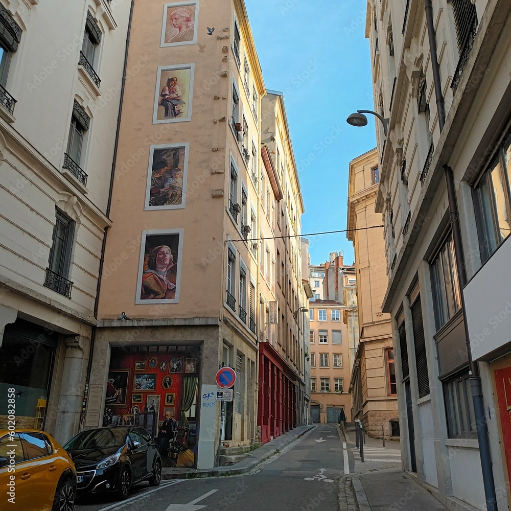 Strada stretta di Lyon con palazzi con dipinti sui muri. Francia.