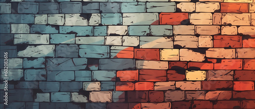 a brick wall with a red and blue background