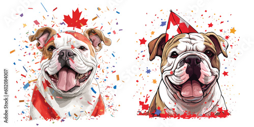 A joyful bulldog wearing a Canadian flag bandana in canada day.Illustration of T-shirt design graphic.	