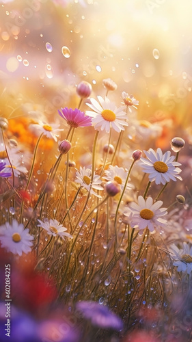 Close-up wildflowers with water droplets background. Summer wallpaper. Ai generated