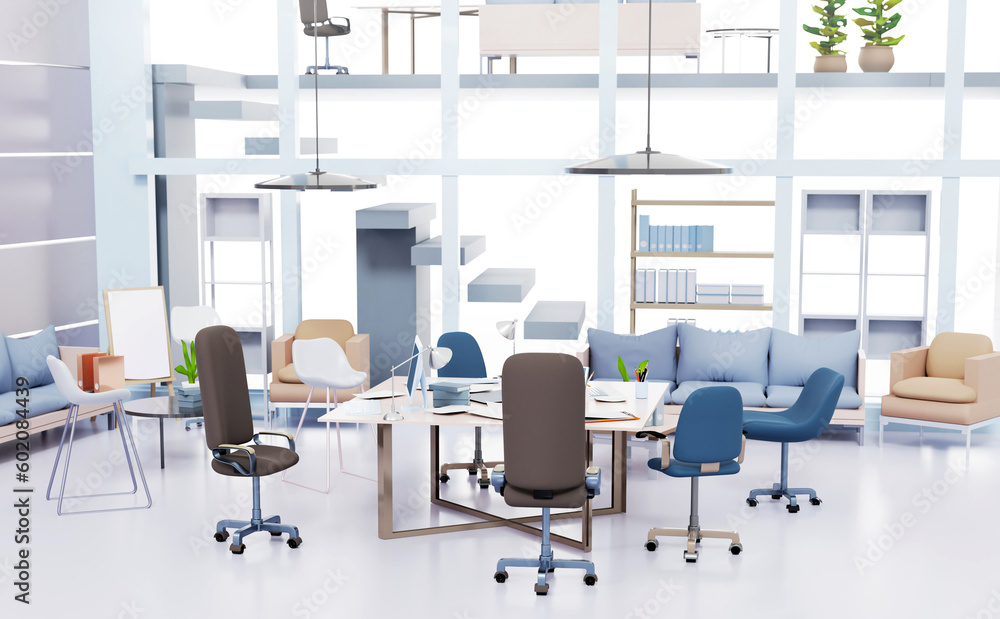 Big open space office interior no people. 3D rendering illustration