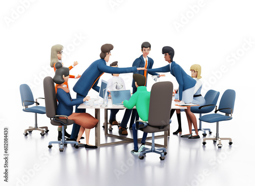 Team hand-stack, business people celebrating success and professional achievement. People working together in office, collaborating on a project. 3D rendering illustration