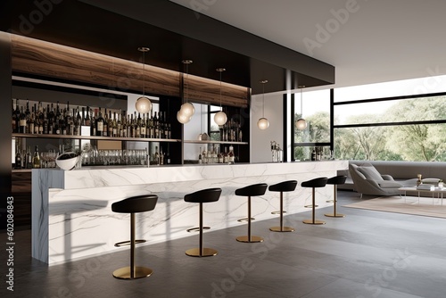 Sleek and modern bar with clean lines and minimalist decor, perfect for a contemporary space - Generative AI