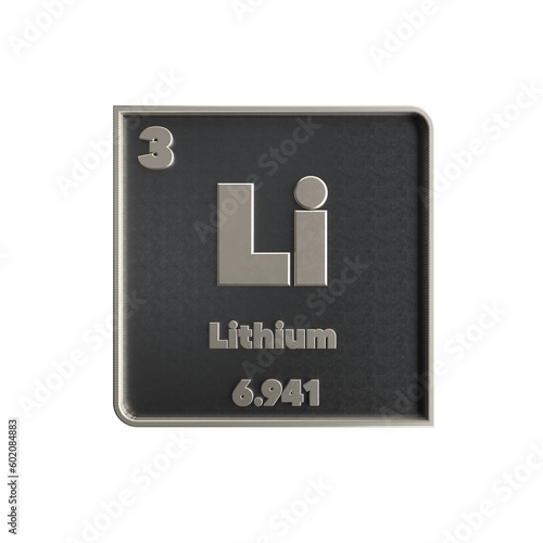 Lithium chemical element black and metal icon with atomic mass and atomic number. 3d render.