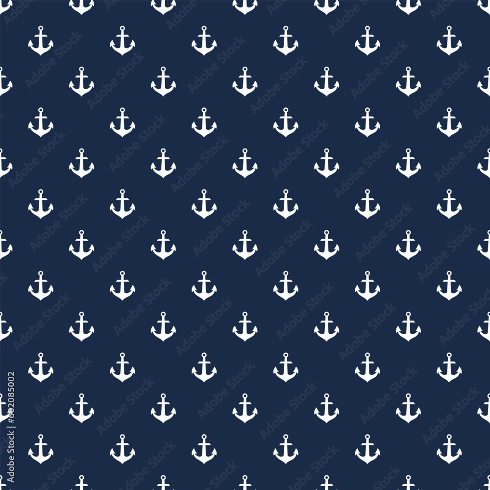 mini simple oceanic silhouette, white anchor on navy blue seamless pattern for background, wallpaper, texture, textile, banner, label, summer theme, flat vector design. mini simple oceanic silhouette, white anchor on navy blue seamless pattern for background, wallpaper, texture, textile, banner, label, summer theme, flat vector design.