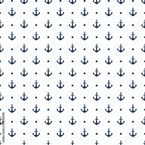Foto mini simple oceanic silhouette, navy blue anchor with dots on white seamless pattern for background, wallpaper, texture, textile, banner, label, summer theme, flat vector design