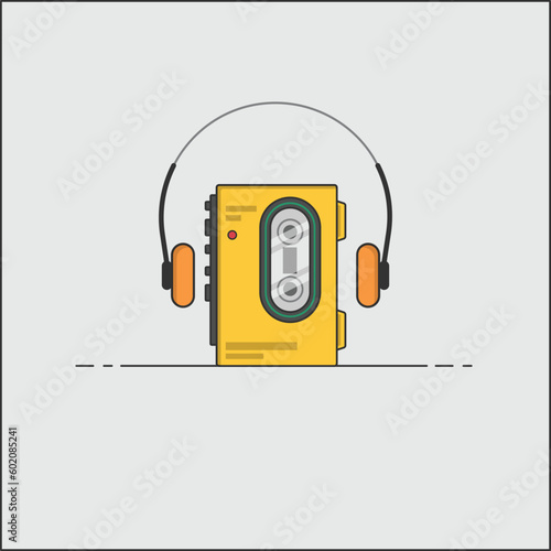 minimalist retro yellow Walkman icon with headphones audio cassette player tape recorder 90s 80s nostalgia memories retro vintage tech	