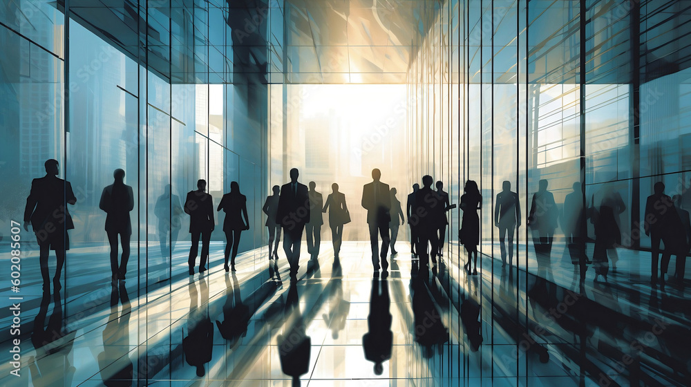 Lots of business people walking in big glass lobby with beautiful morning sun lights reflection. AI generative business concept illustration