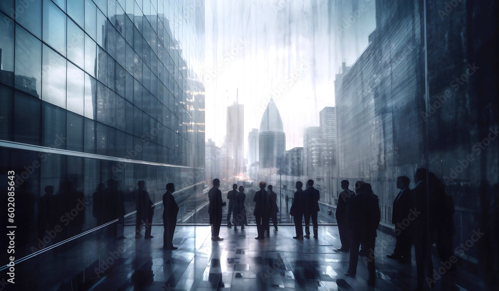 © IRStone - Lots of business people walking in big glass lobby with beautiful morning sun lights reflection. AI generative business concept illustration © IRStone - Lots of business people walking in big glass lobby with beautiful morning sun lights reflection. AI generative business concept illustration