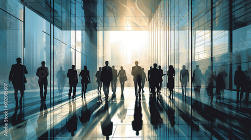 Lots of business people walking in big glass lobby with beautiful morning sun lights reflection. AI generative business concept illustration