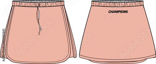Women running mini skirt jersey design flat sketch fashion Illustration for girls and Ladies, Tennis skirt concept with front and back view for Trail and tracking active wear.