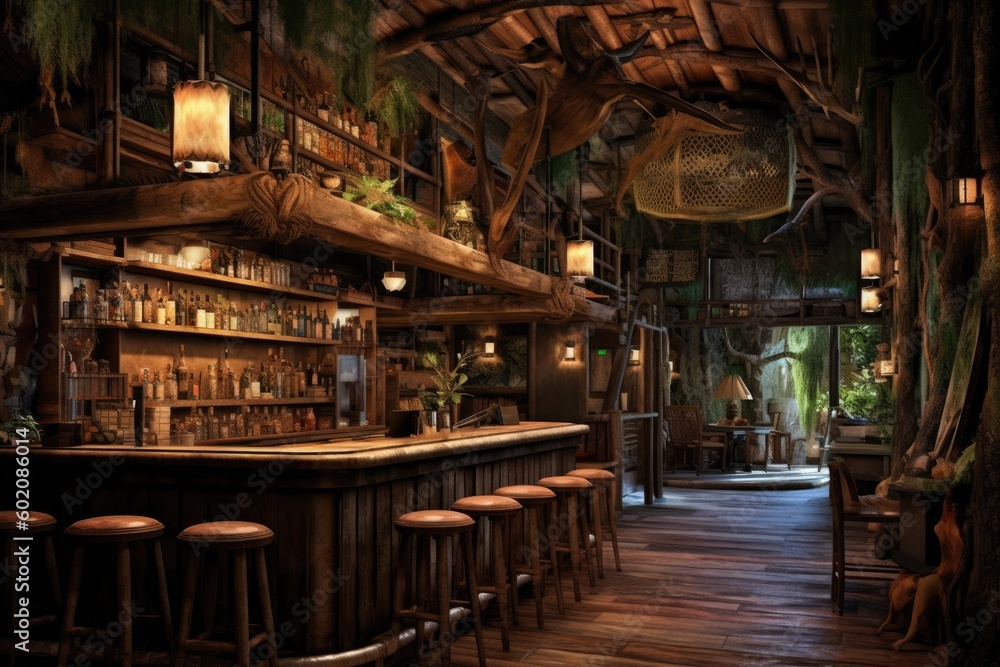 Rustic bar with weathered wood and warm lighting, evoking a cozy and inviting atmosphere - Generative AI Rustic bar with weathered wood and warm lighting, evoking a cozy and inviting atmosphere - Generative AI