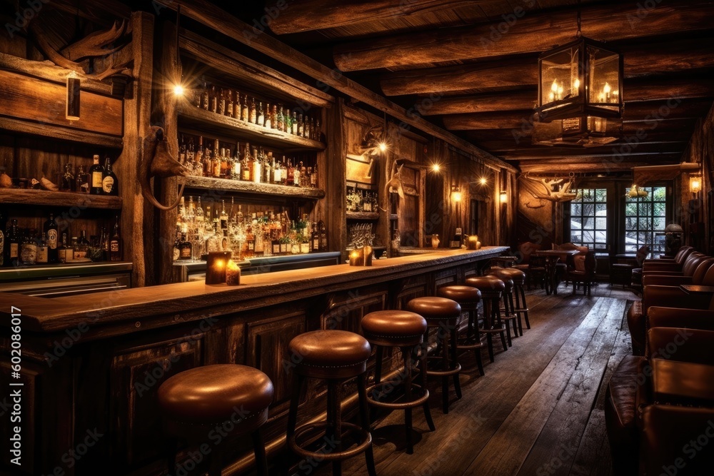 Rustic bar with weathered wood and warm lighting, evoking a cozy and inviting atmosphere - Generative AI