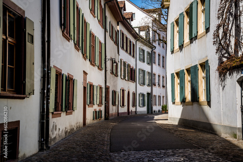 Pedestrianised zone of the Old Town with atmospheric streets and architecture  Basel  Switzerland