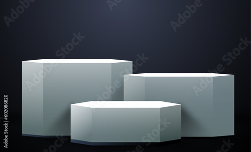 3d realistic podium on black background. Product diplay. Abstract vector rendering for advirtising product display, minimal scene room.