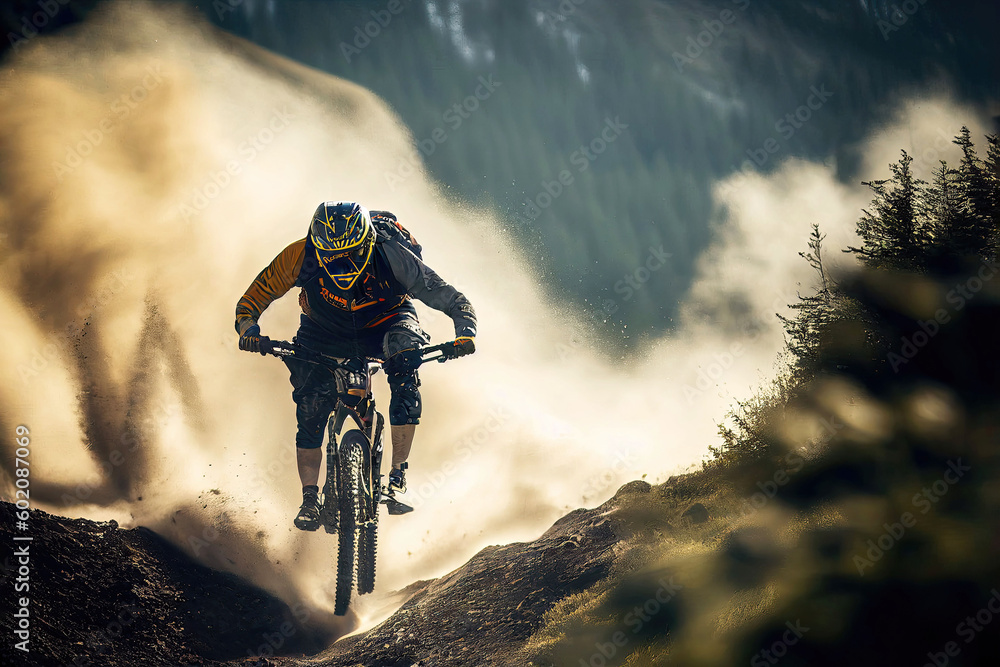 Obraz premium Man riding mountain bike downhill in summer (Generative AI)