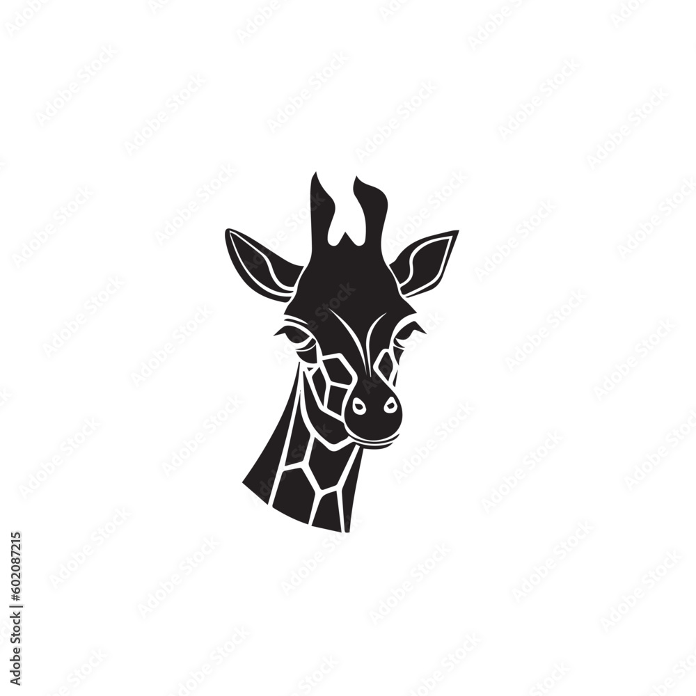 Cute cartoon trendy design giraffe in logo, doodle style. African animal wildlife vector illustration icon. Black and white. 