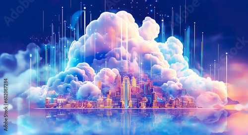 Cloud networks concepts with colorful digital art surrealism.futuristic of metaverse.paradise visualizing imaginations.generative ai technology