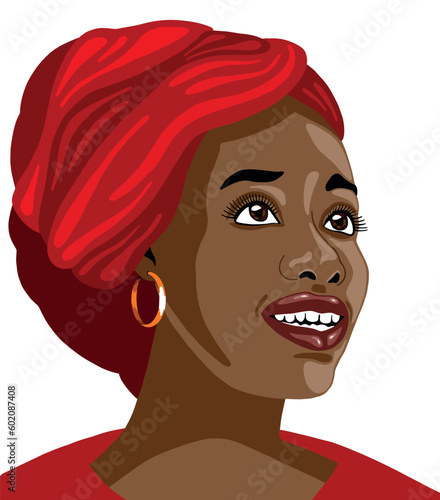 Piękna kobieta o brązowej skórze w czerwonym turbanie. Portret ładnej, ciemnoskórej dziewczyny. Uśmiechnięta ciemnoskóra dziewczyna z błyszczącymi oczami i lśniącymi ustami. Afroamerykanka, Afrykanka  photo