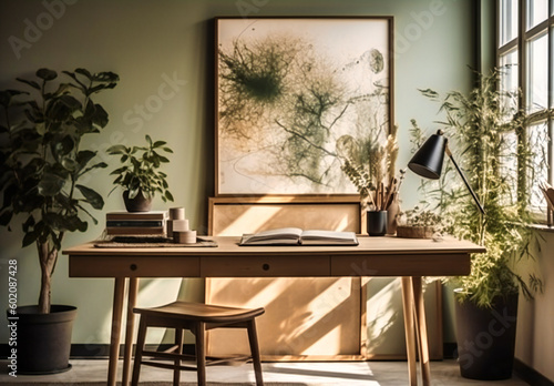 a living room with plants and a desk in front