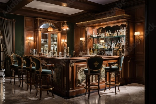 Classic bar with elegant finishes and ornate details  providing a touch of luxury and sophistication - Generative AI
