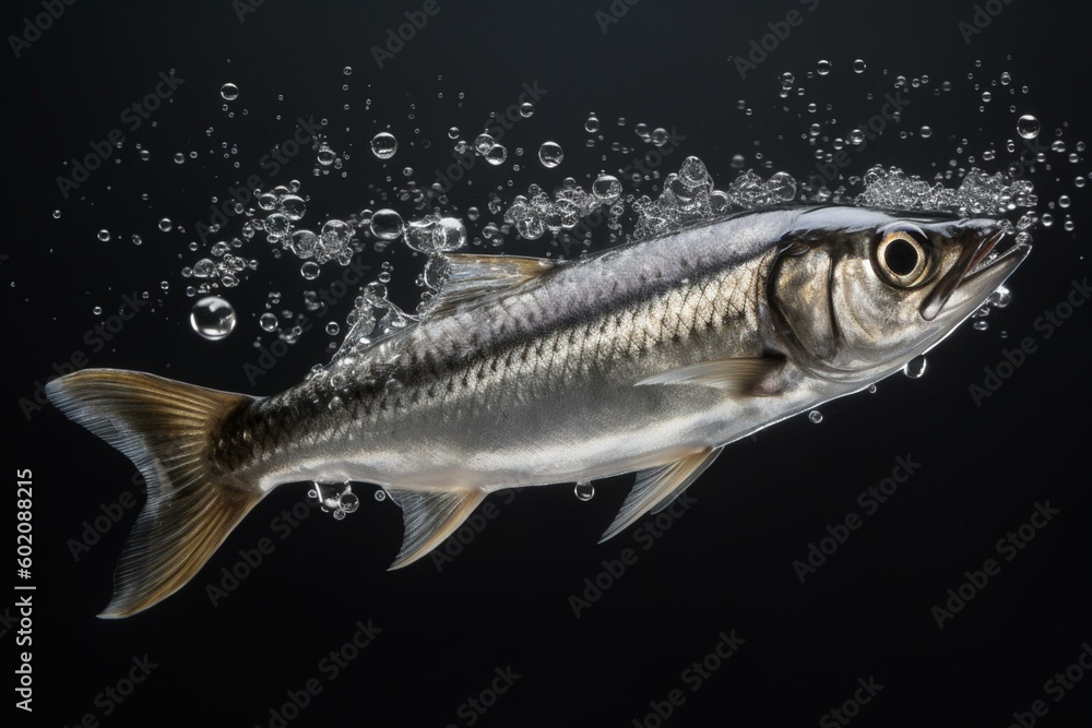 Jumping sardine fish with water splashes on transparent background. Generative AI Stock