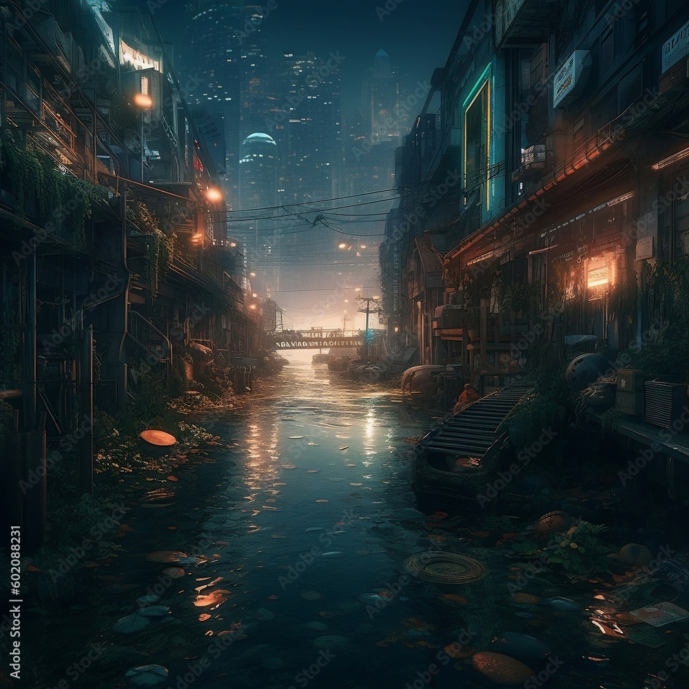 Night view of the city by the river (Cyberpunk) - Generative AI