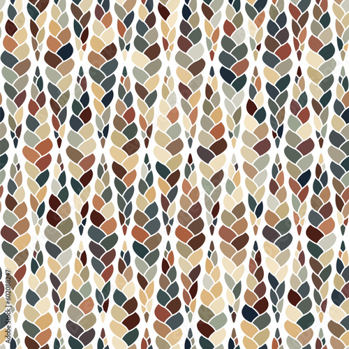 Seamless geometric pattern with colorful braids in the shape of a rhombus on a white background. Autumn vintage colors. Multicolored graphic textile texture. Retro style vector image.