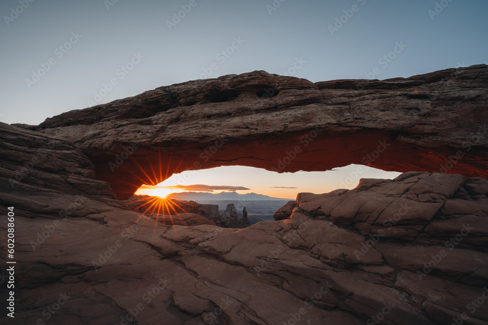 View through Natural Arch, Mesa Arch, Sunrise, Grand View Point Road, Island in the Sky, Canyonlands National Park, Moab, Utah, USA, North America