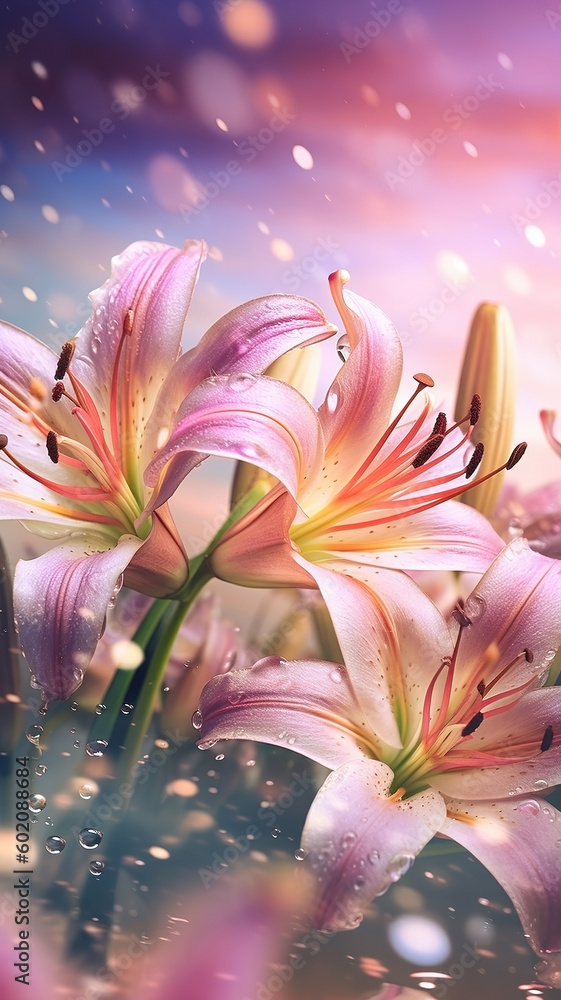 Blooming lily flowers with drops of water close-up background. Floral wallpaper. Ai generated Blooming lily flowers with drops of water close-up background. Floral wallpaper. Ai generated