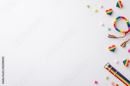 A top view flat lay of LGBT parade accessories, including wristlet, rainbow colored handmade bracelet, heart-shaped pin badges, on a plain white surface with an area for text or advertisement