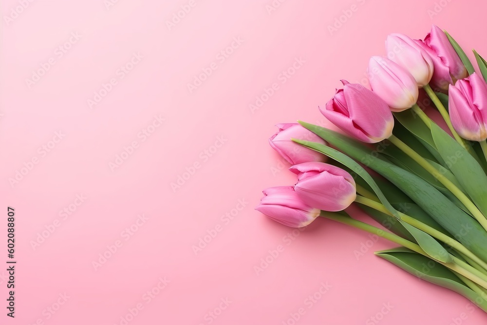blooming tulips on pink background, ai generated, Generative AI