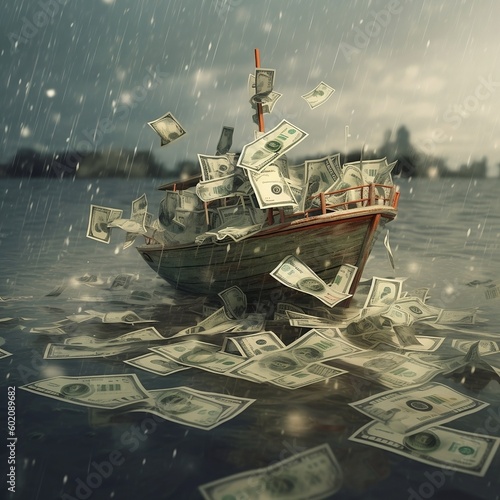 A wooden boat filled with currency notes is shown floating in the middle of an ocean, symbolizing the sinking of the economy and recession. Overcast sky representing uncertainty. Generative AI. photo