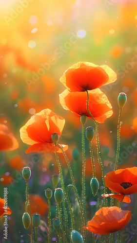 Close-up poppies flowers with drops of water background. Ai generated