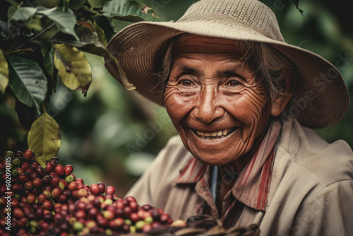 Colombian elderly woman farmer picks coffee beans and smiles. Photorealistic illustration generative AI.